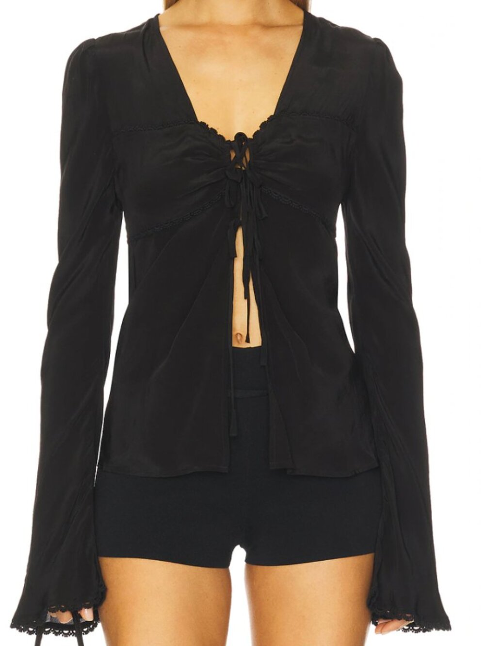 Free People Black Bali Ariel Top tie-front closure bell sleeves Whimisigoth Sm.